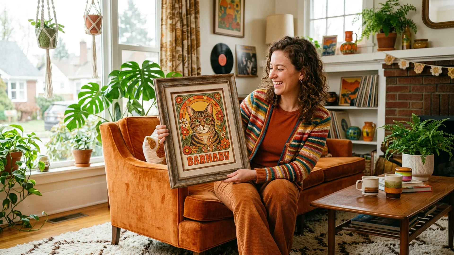 Pet portrait art prints displayed on a warm-toned wall
